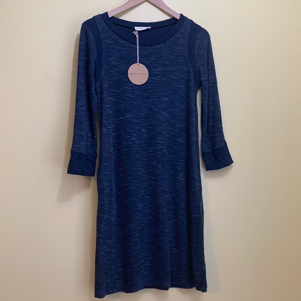Honey Punch | Heathered Blue Pocket Long Sleeve Knit Stretch Shirt Dress NWT M